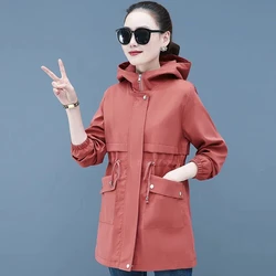 Lining Windbreak 2022 New Spring Autumn Female Jacket Slim Women Basic Coats Mid-Long Casual Tops Hooded Black Zipper vintage