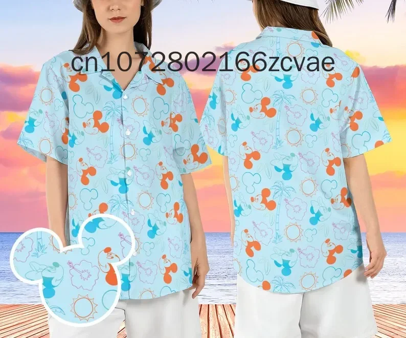 Chemise hawaïenne bohème pour hommes et femmes, chemise de plage, tureMouse, château magique, Disney, Minnie