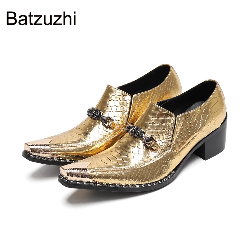 

Batzuzhi Gold Genuine Leather Dress Shoes Man Formal Shoes Man Slip on with Metal Toe 6cm Heels Formal Business, Party Shoes Man