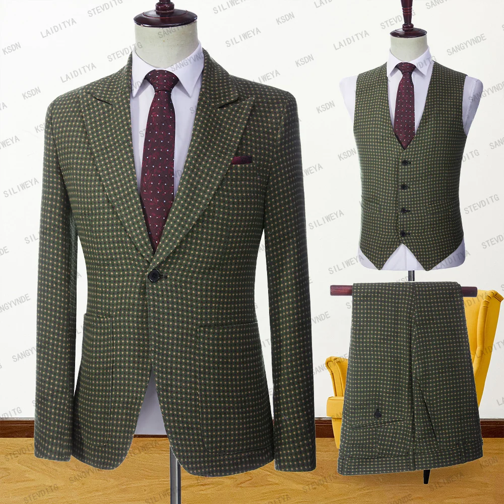 

2023 Men's Suit Green 3 Pieces Dots Luxury Groom Wedding Set Tuxedo Casual Business Prom Jacket Waistcoat Pants