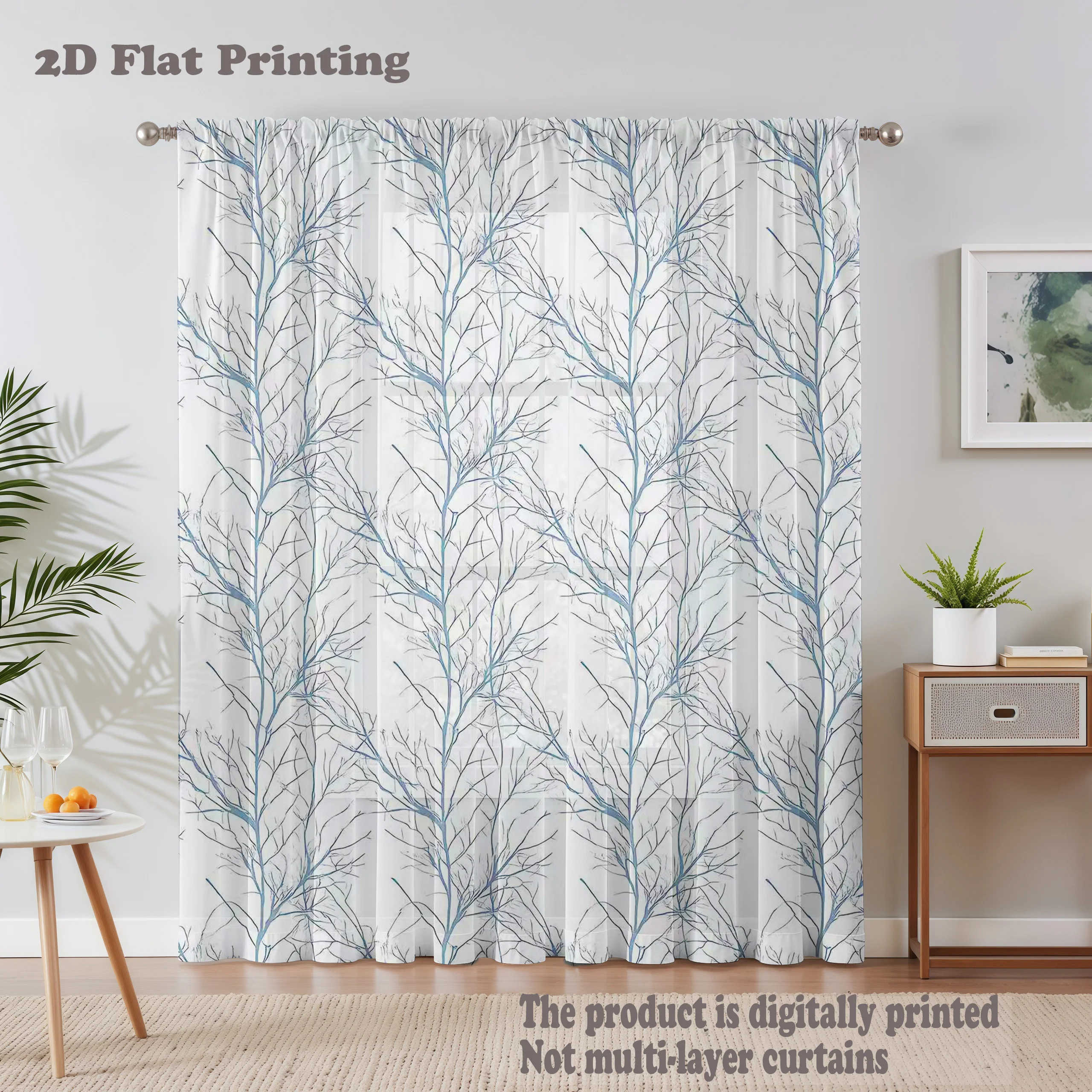 Blue Branch Sheer Curtains, Abstract Botanical Voile Window Drapes for Living Room Bedroom, Light Semi Sheer Curtain Home Decor