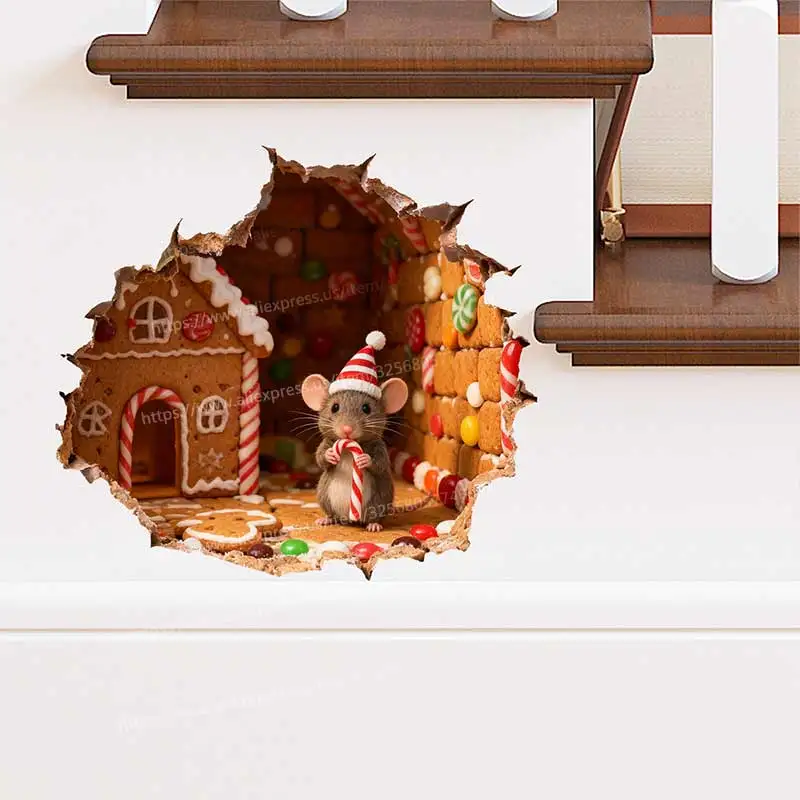 Cute Christmas Mouse Hole Wall Sticker Toilet Lid Stickers Bedroom Entrance Living Room Porch Home Decora Waterproof Decal M1459