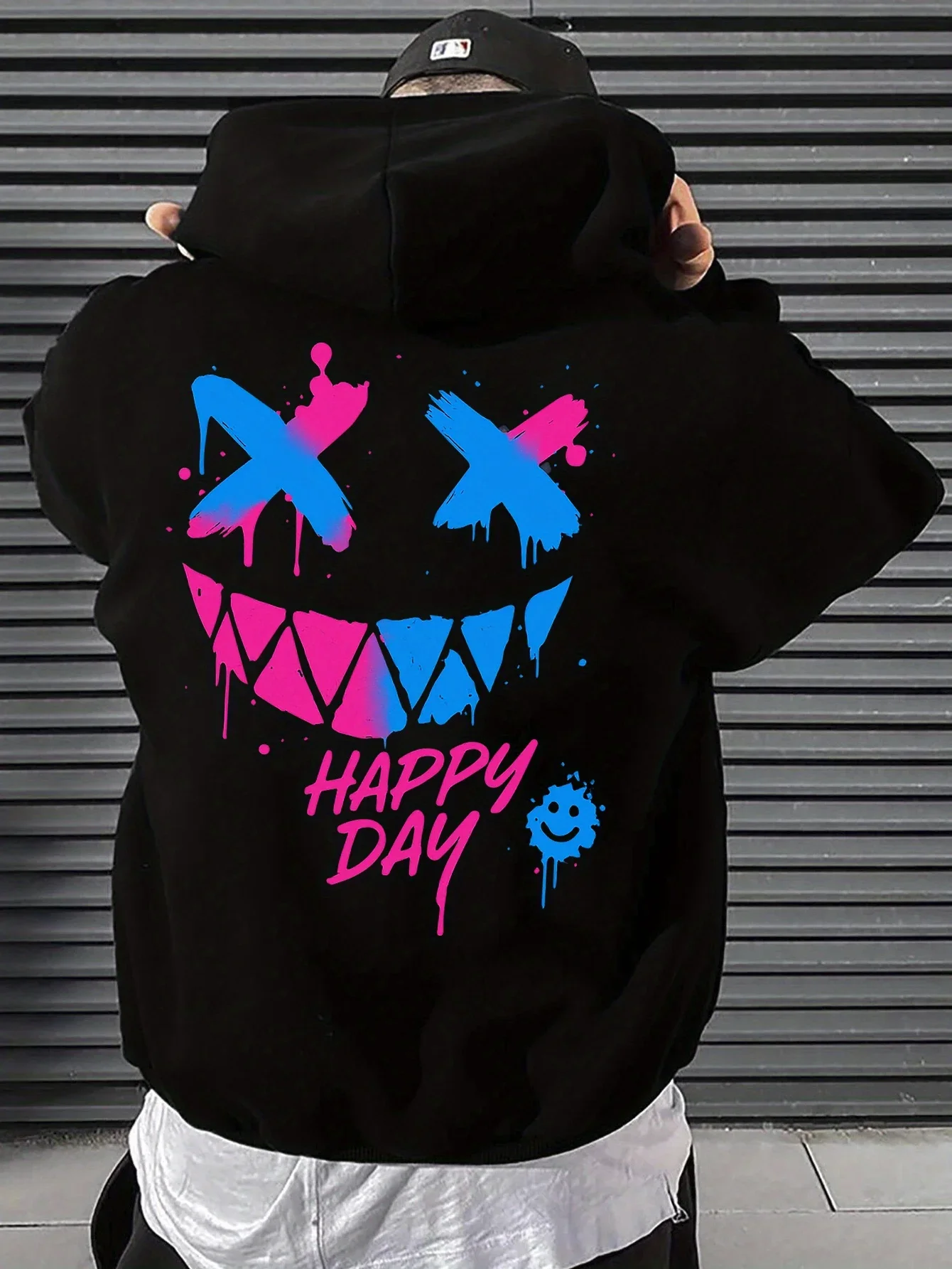 Drip Paint Gradient Dark Grin Smiley Large Back Print Hoodie Pullover Unisex Loose Fleece Lined Autumn Winter