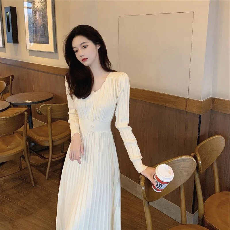 GIDYQ Women V Neck Knitted Dresses Korean White Simple Waisted Long Sleeve Dress Elegant  All Match Office Ladies Slim Dresses