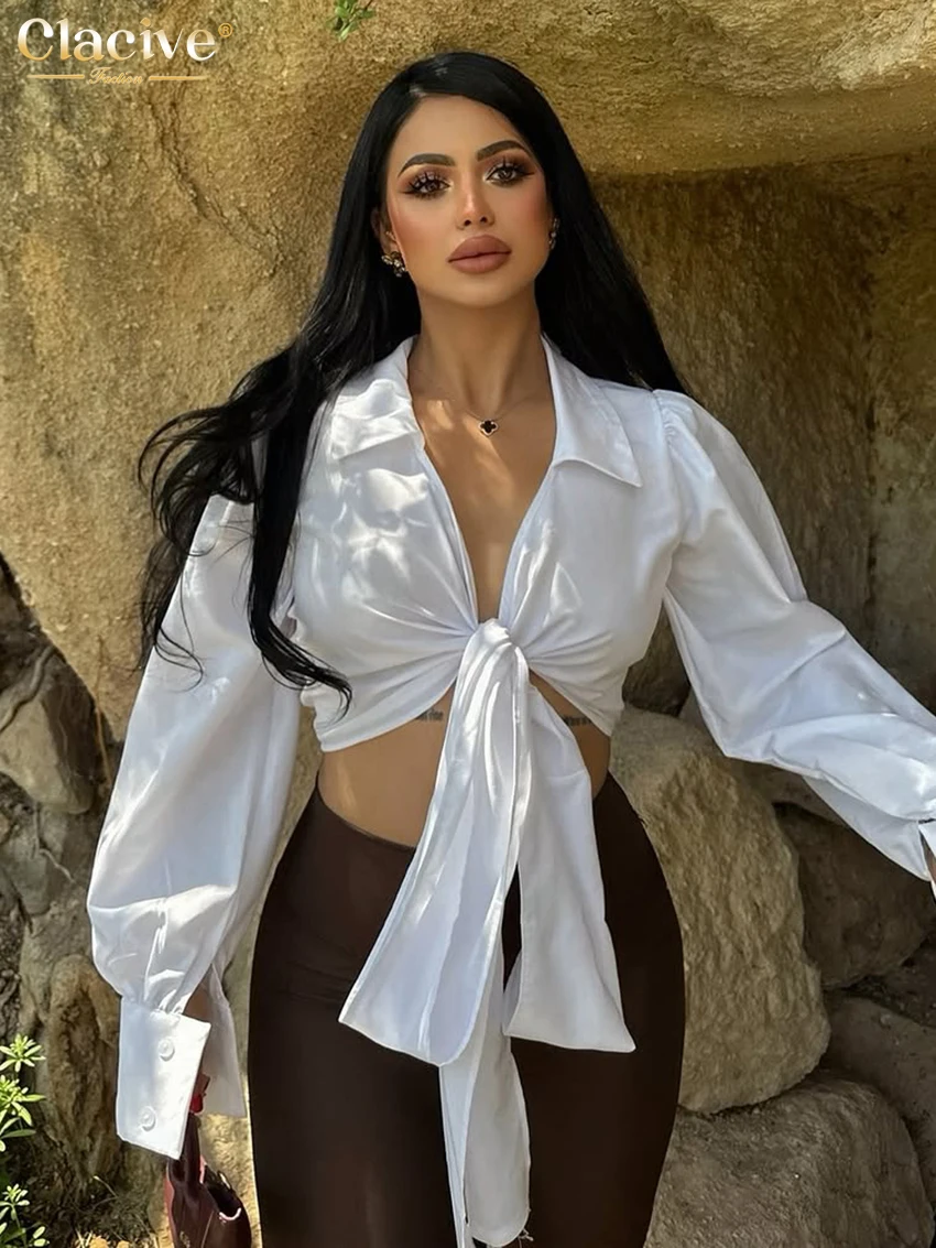 

Clacive Sexy Loose White Cotton Women's Shirt 2025 Fashion Lapel Long Sleeve Shirts Elegant Classic Lace-Up Tops Female Clothing