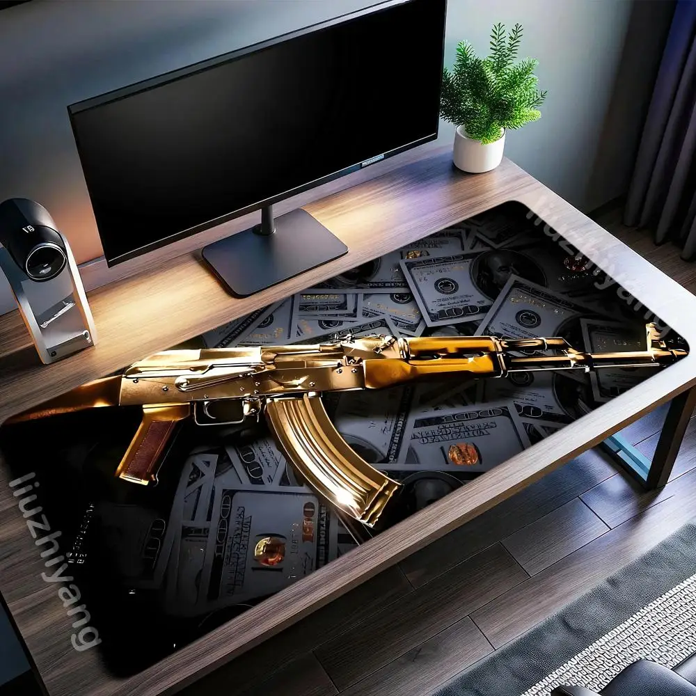 AK-47 بندقية الاعتداء وعلامة الدولار تصميم لوحة الماوس XXL اضافية كبيرة الحجم الكمبيوتر حصيرة مكتبية المطاط المضادة للانزلاق الألعاب لوحة المفاتيح حصيرة