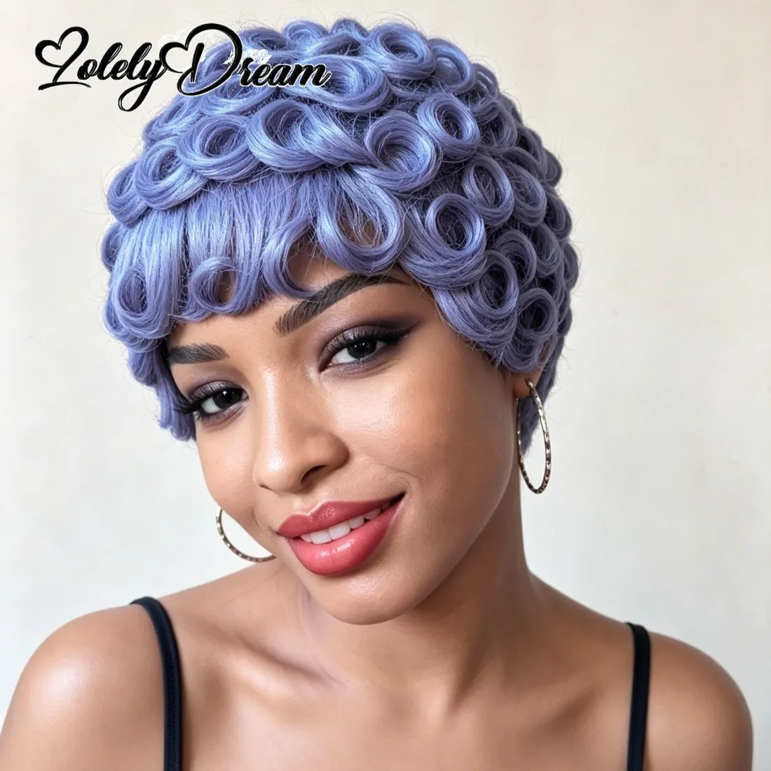 Wear and Go Blue Grey Pixie Cut Wig Human Hair With Bangs, Brazilian Virgin Curly Wave Short Layered Wig Breathable Cap