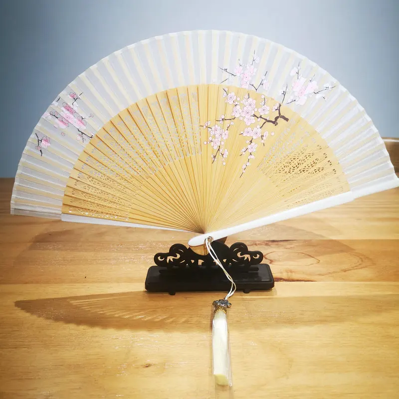 

Chinese Style Pink Bamboo Fold Fan With Peach Blossom Pattern & Tassels Folding Fans Qipao Costume Accessories Aesthetic Goods