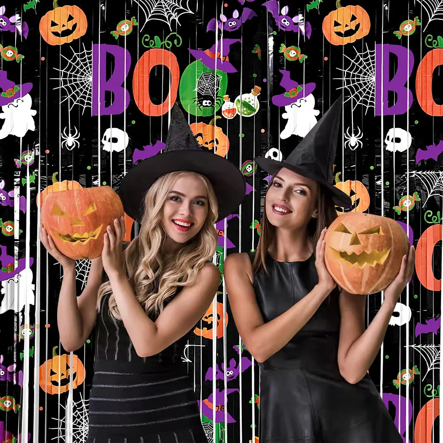1/2Pcs Halloween Tinsel Curtain Pumpkin Ghost Curtain Backdrop Photo Props Happy Halloween Birthday Party Decoration Supplies