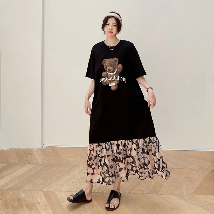 Loose Women's Summer Dr Knee-Length Floral Skirt ort Sve Street Sle Knitted Cotton Polyester H-ape round Ne