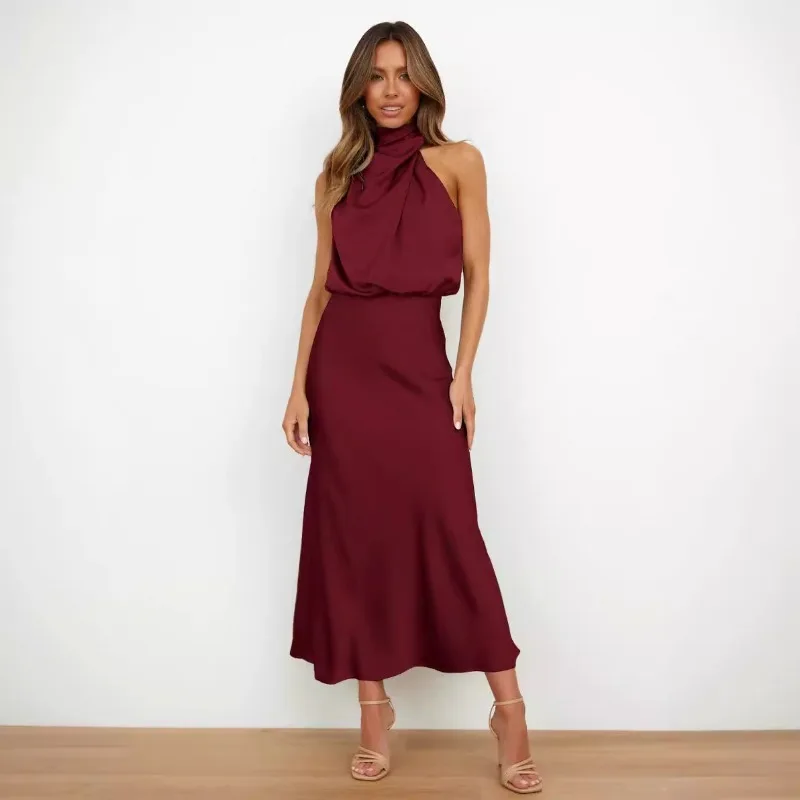 

Elegant Party Dresses for Women 2025 Spring Summer Solid Satin Slip Dress Sleeveless Maxi Evening Cocktail Luxury Long Dresses