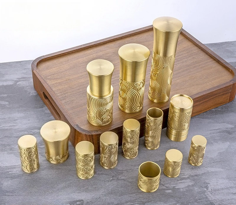 

Solid Brass Furniture Leg Cover Gold Cylinder Cabinet Tip Table Chair Feet Gold Curved Carved Pattern Cover Sleeve Carved copper