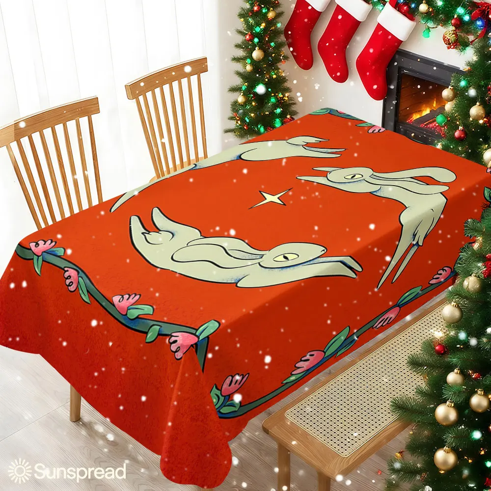 Vintage Red Rabbit Art Waterproof table cloth, splash-proof tablecloth, for party, Halloween, Christmas, dining, camping