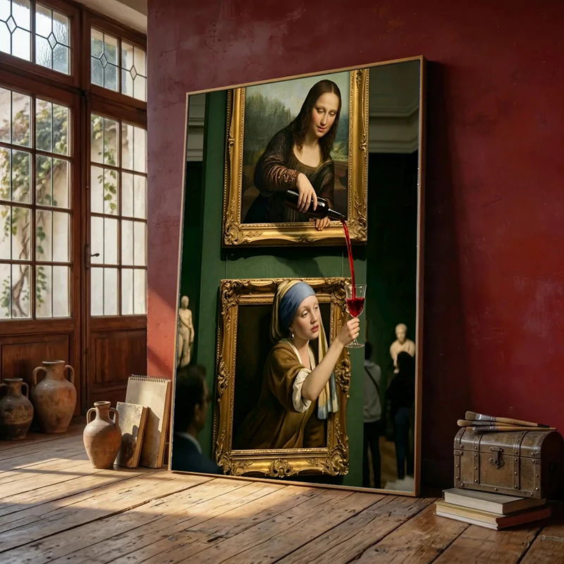 Lustige Mona Lisa und Rotwein Leinwandposter und Drucke Moderne Pop-Art Leinwandmalerei Wandbild für Wohnzimmer Heimdekoration