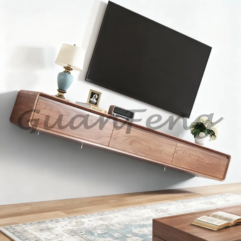 Natural Walnut Floating TV Stand Modern Luxury Wood TV Cabinet 3 Drawers Living Room Wall‑Mounted Furniture