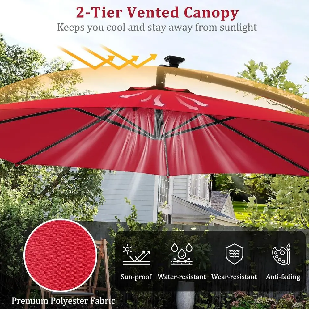 10-Foot Outdoor Patio Umbrella with 9 LED Lights, Cantilever Base, Easy Crank, 360° Rotation