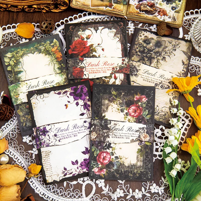 

30 Pcs Dark Night Rose Series Material Papers 5style Creative Vintage Rose-themed Material Paper DIY Decoration Handbook Papers