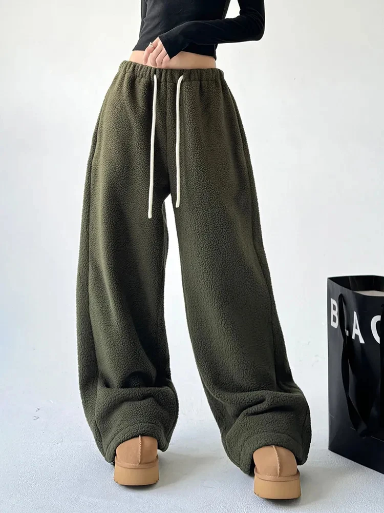 

Winter Faux Lamb Warm Wide Leg Pants Women Y2K Thick Loose Drawstring Casual Pants Bf High Waist Streetwear Straight Trousers