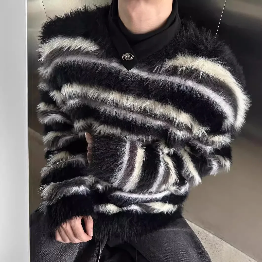 NicheAngora Black And White Stripe Design Sensibility Knitted Sweater Men's Simple High-End Feel Trendy Crew Neck Pullover