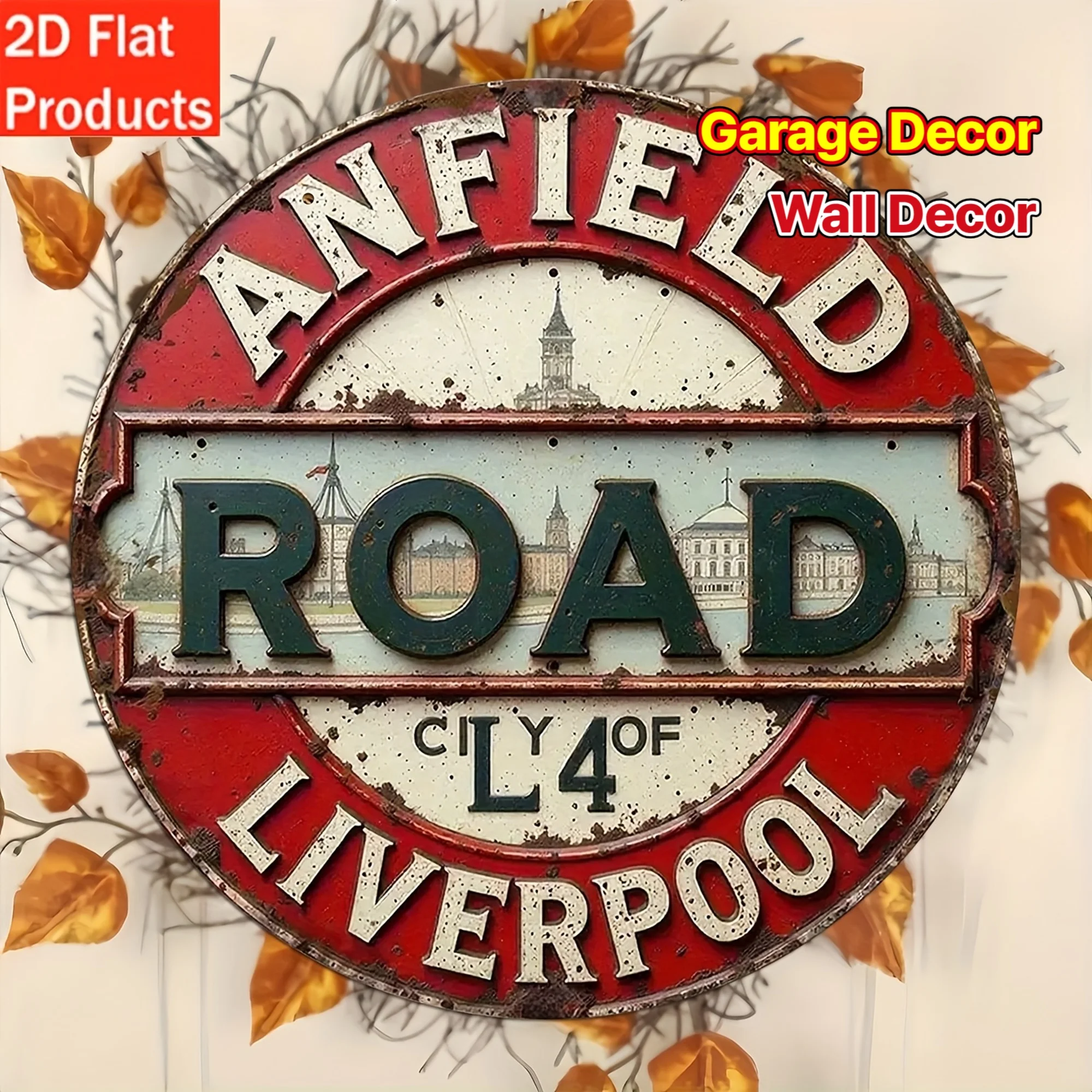 2D Flat, Vintage Liverpool L4 Anfield Road Round Wall Sign - Rustic Wooden Decorative Plaque with Historic Landmarks, Perfect fo