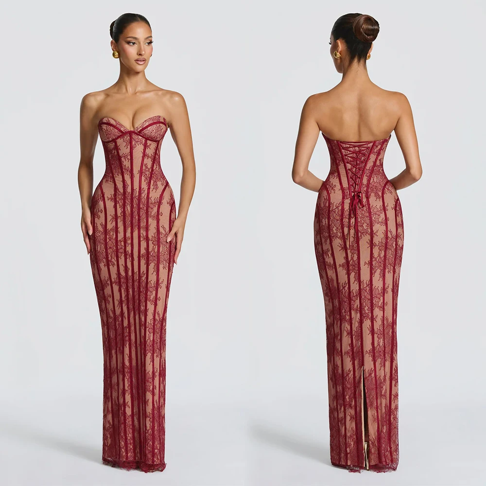 Sexy Strapless Nude Lace Dress with Red Details Vintage Bodycon Gown for Formal Party Birthday Cocktail Prom