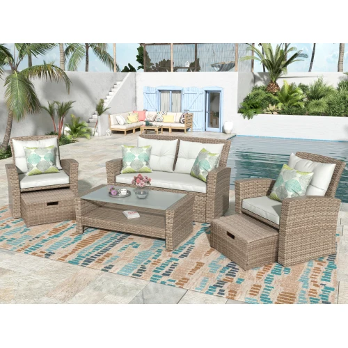 ！@Modern Portable Patio Furniture Set 4-Piece Outdoor Conversation Set All Weather Wicker Sectional Sofa with Ottoman and Cushio
