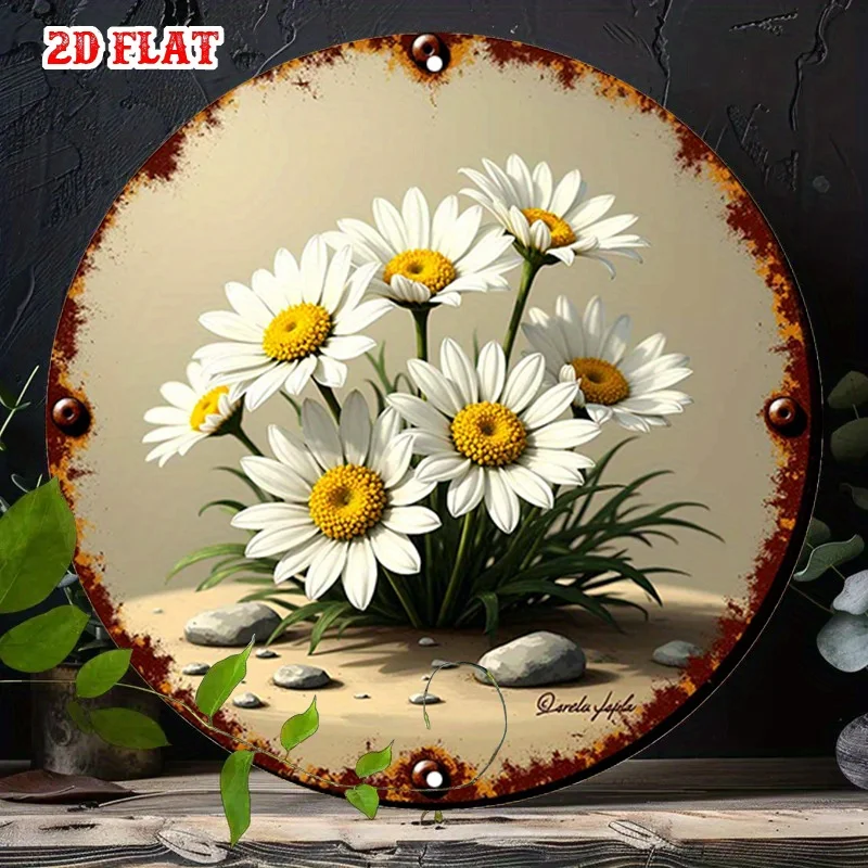 Round Sign Featuring a Whimsical 2D Flat Daisy Bouquet, Perfect for Adding a Playful Rustic Touch to Your Home, Garage, Dining