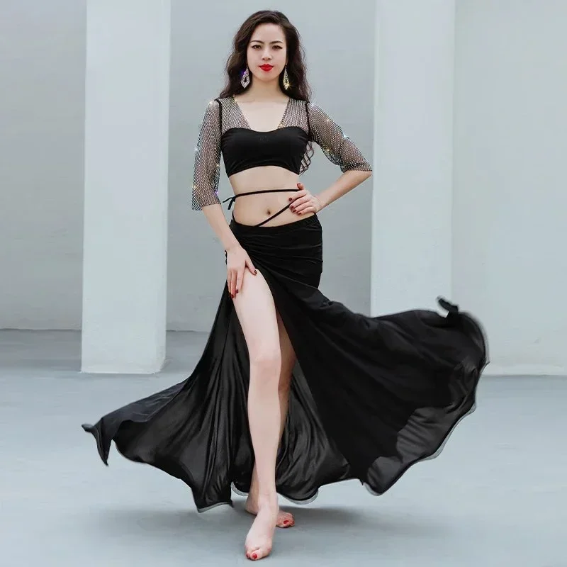 Women Belly Dance Costume Girls Outfit Group Costume Transparent Sleeves Sexy Net Ruffle Long Skirts 2 PCS Set for Performance