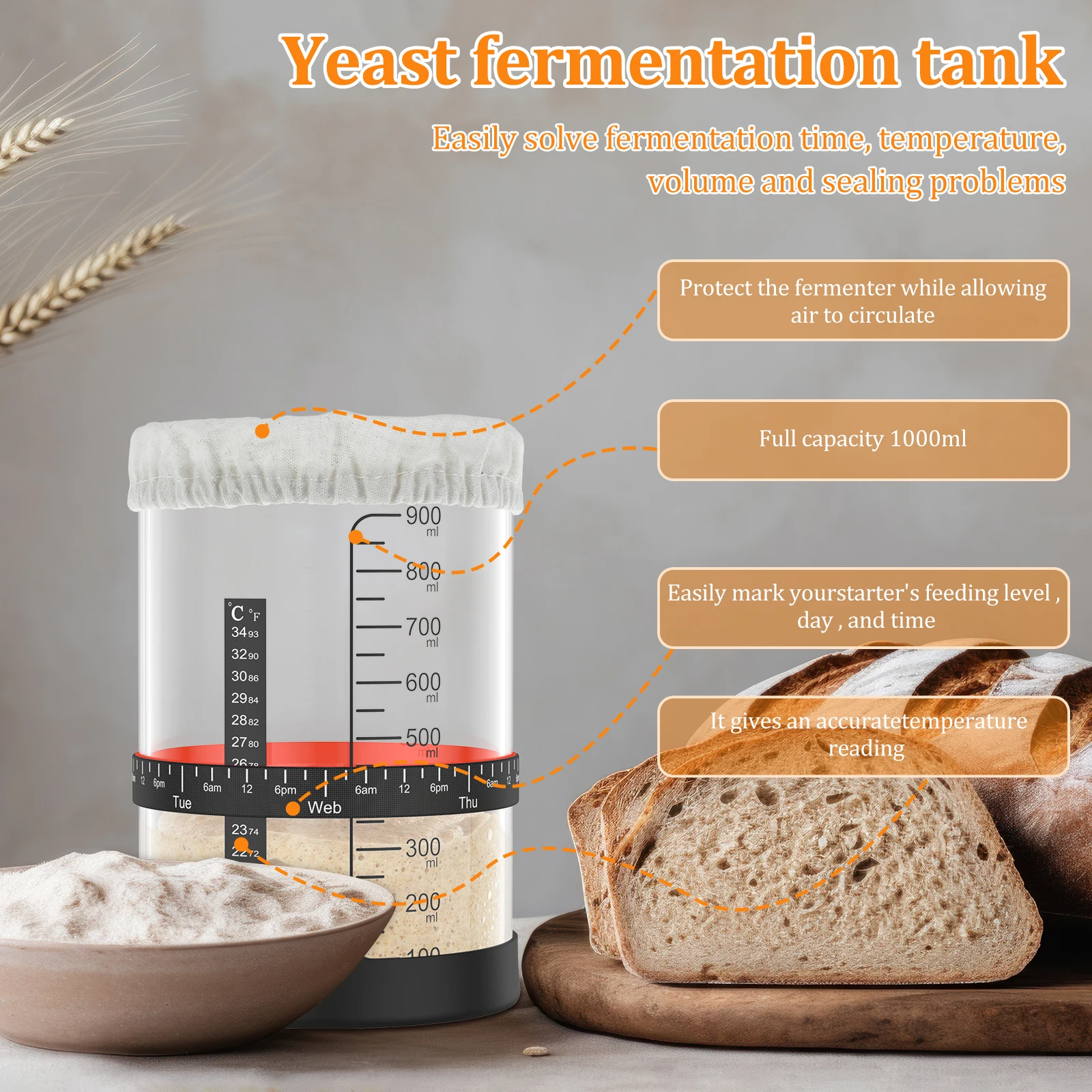 1000ML Sourdough Starter Jar Kit 5Pcs/set Clear Glass Heat Resistant Sourdough Starter Container Baking Fermentation Jar Food