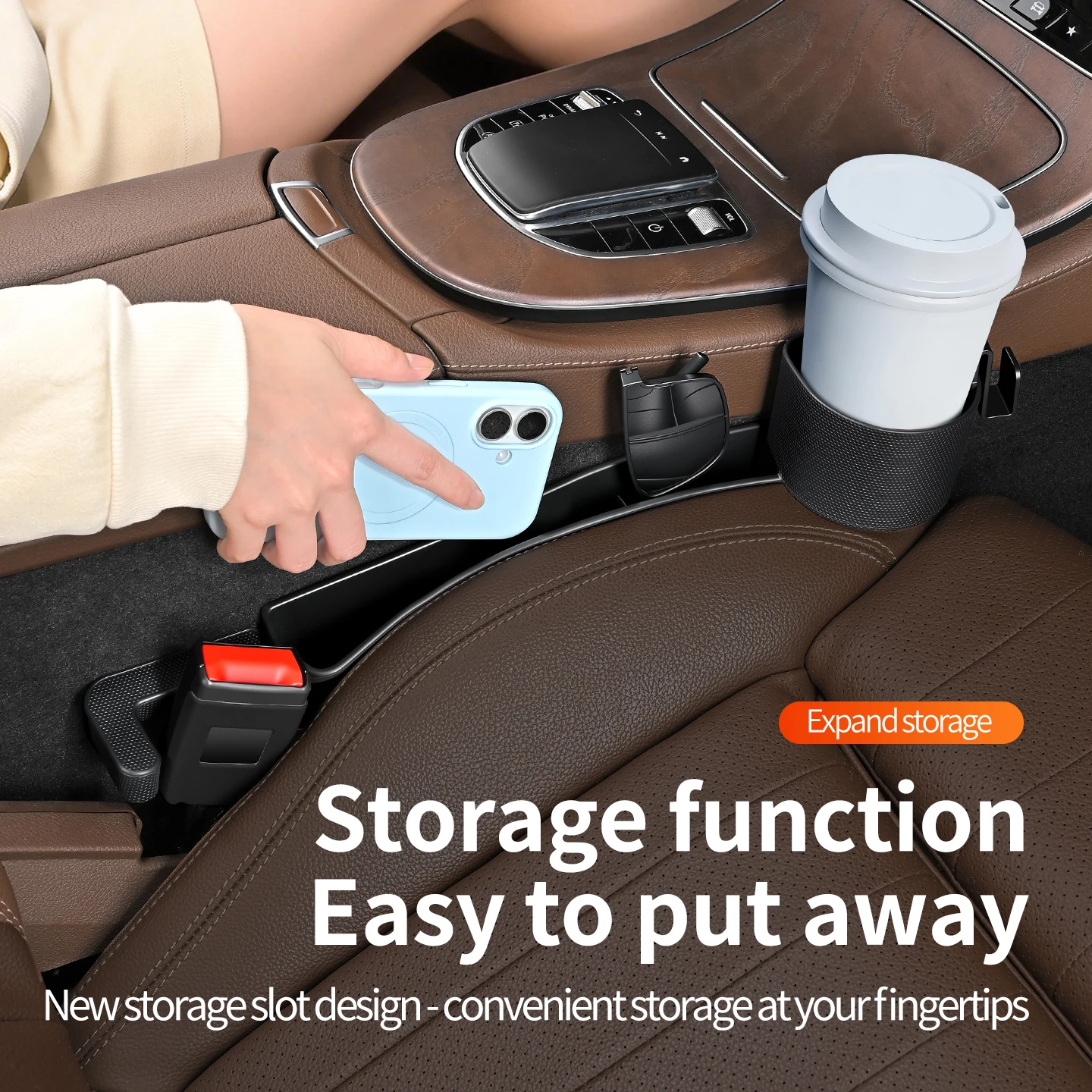 Car seat crevice storage box with water cup holder, universal multifunctional car seat side crevice storage box
