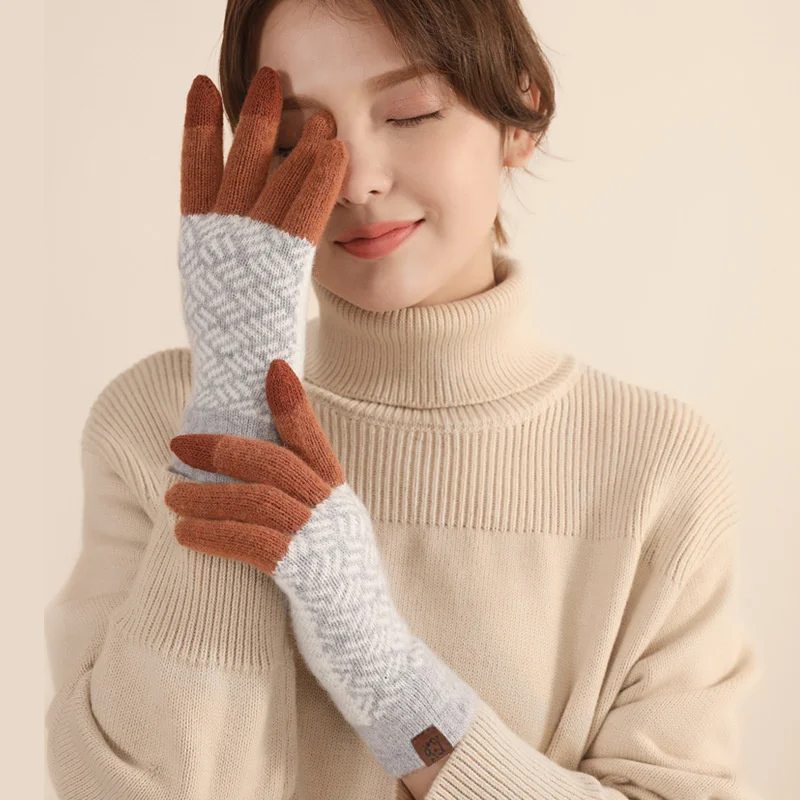 Knitted Gloves Non Slip Faux Wool Fleece Lined Touch Screen Full Finger Winter Warm for Men Women Driving