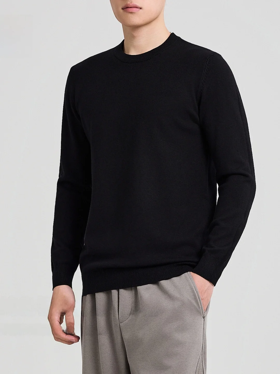 ملابس تريكو دائرية للرجال لون نقي تصميم بسيط كاجوال طويل Sve لموسم الخريف مزيج بوليستر مريح #1