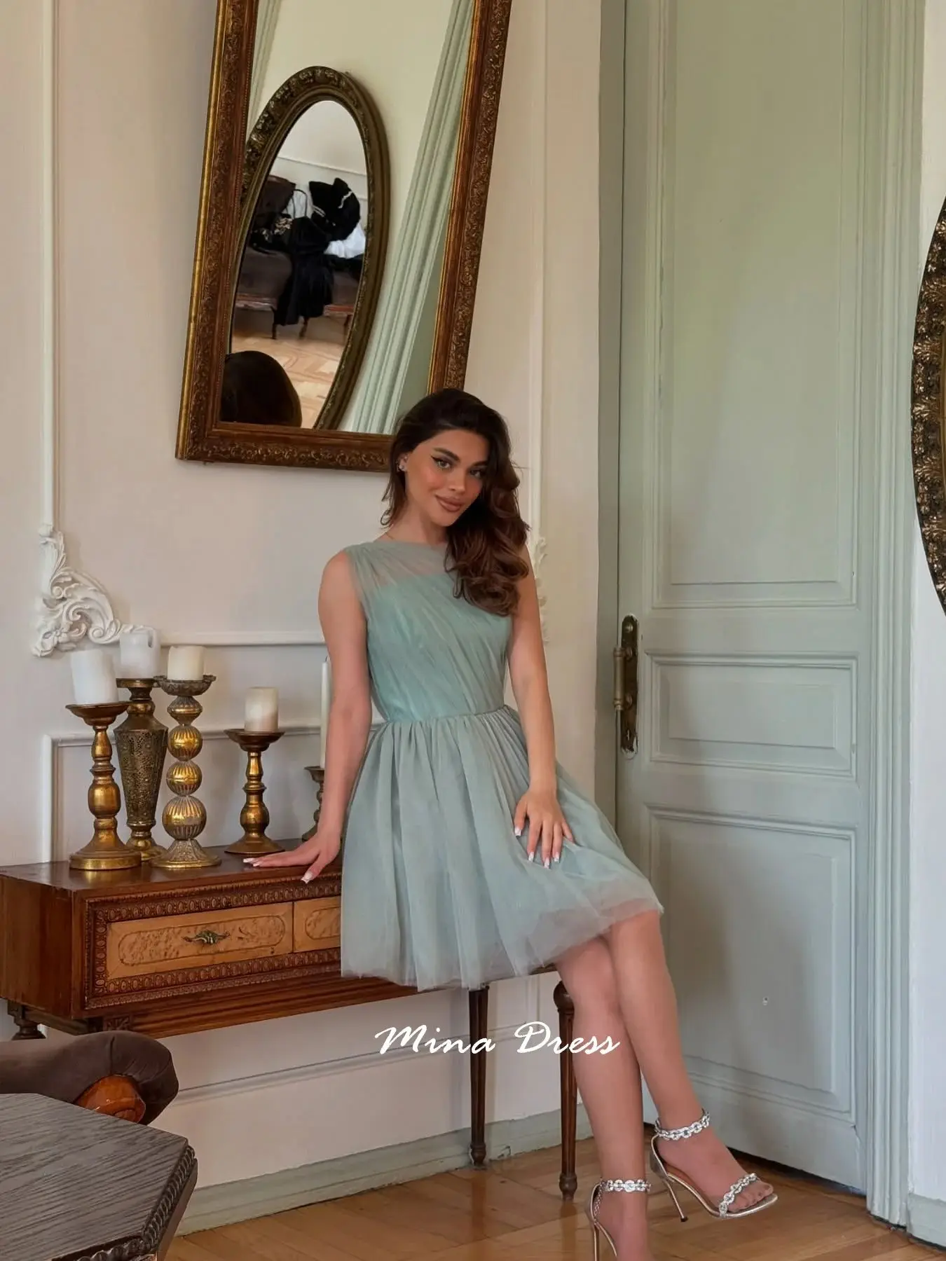 Mina Aangepaste schuine avondjurken Luxe jurk voor bruiloftsgasten Mini mouwloze formele jurken voor speciale gelegenheden Prom