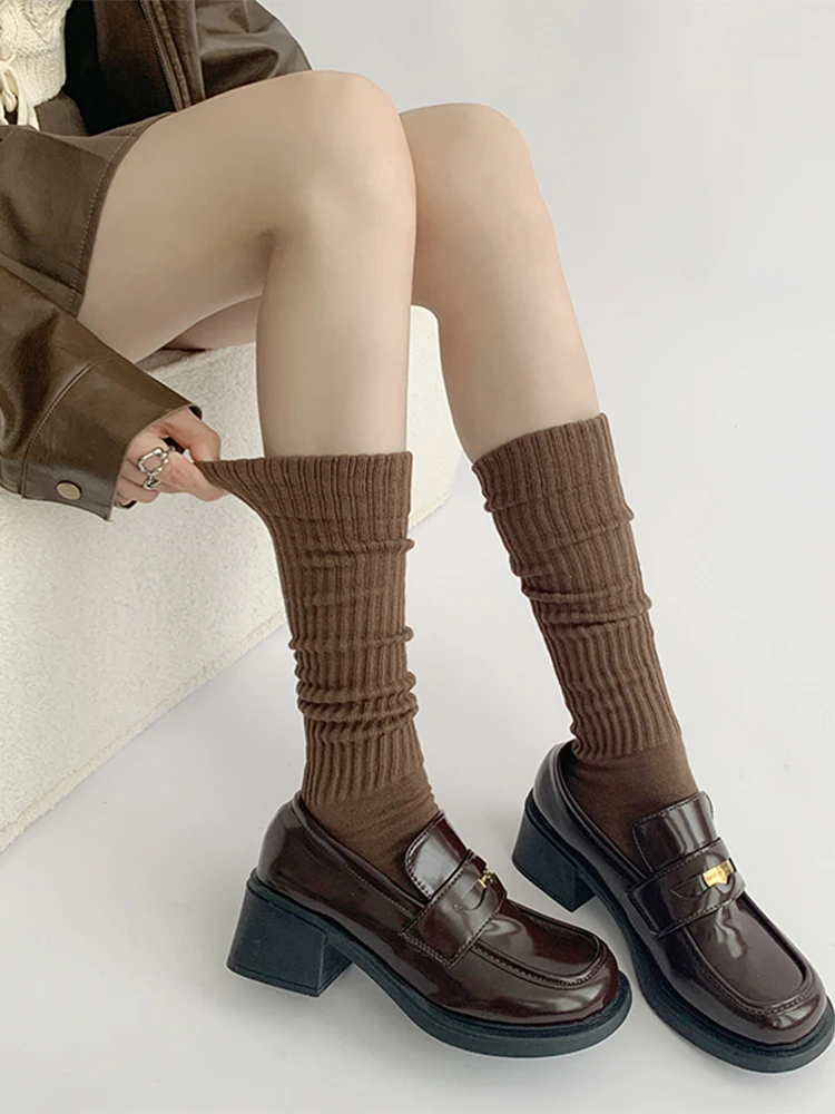 Tube Socks Women's Pure Color Thick Thread Knitted Cotton Leg Shaping Simple Fashion All-Match Autumn and Winter White American