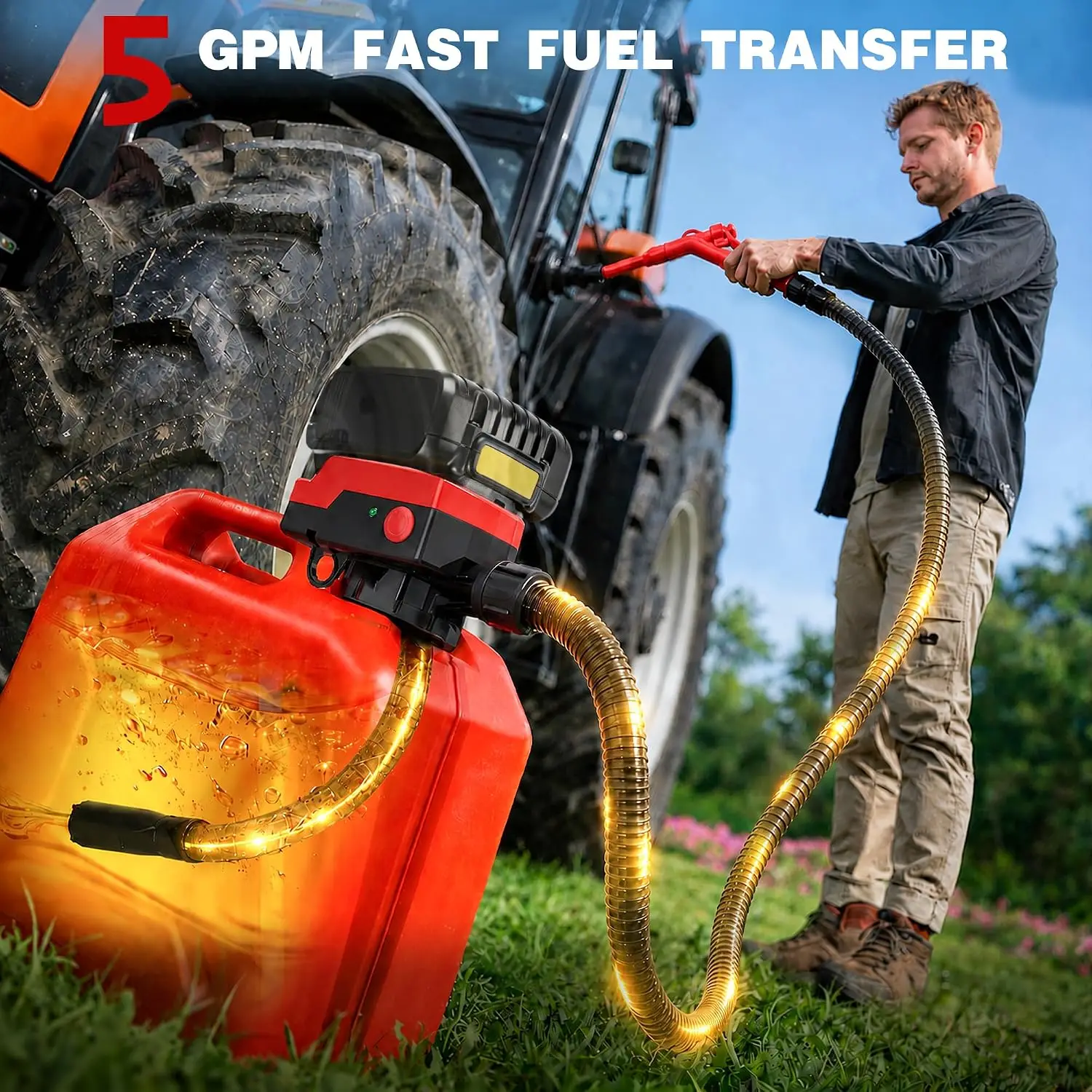 Electric Cordless Fuel Transfer Pump with Hand-Operated Trigger Nozzle, 5 GPM Flow Rate