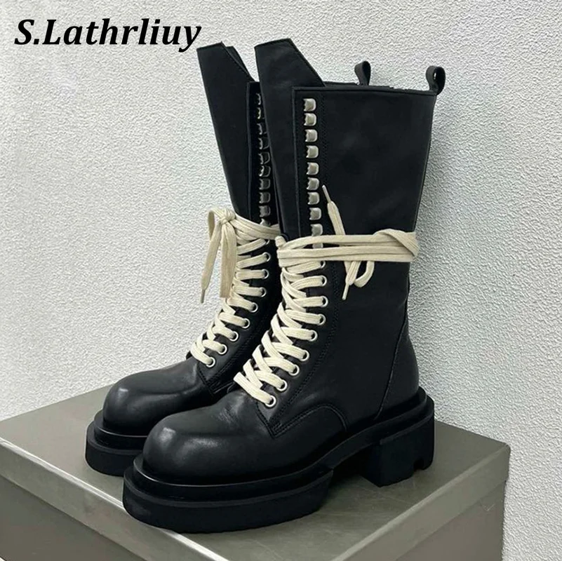 

Thick Bottom Genuine Leather Mid Calf Botas Women's Round Toe Lace Up Short Boots Autumn Winter Handsome Motorcycle Boots 2024