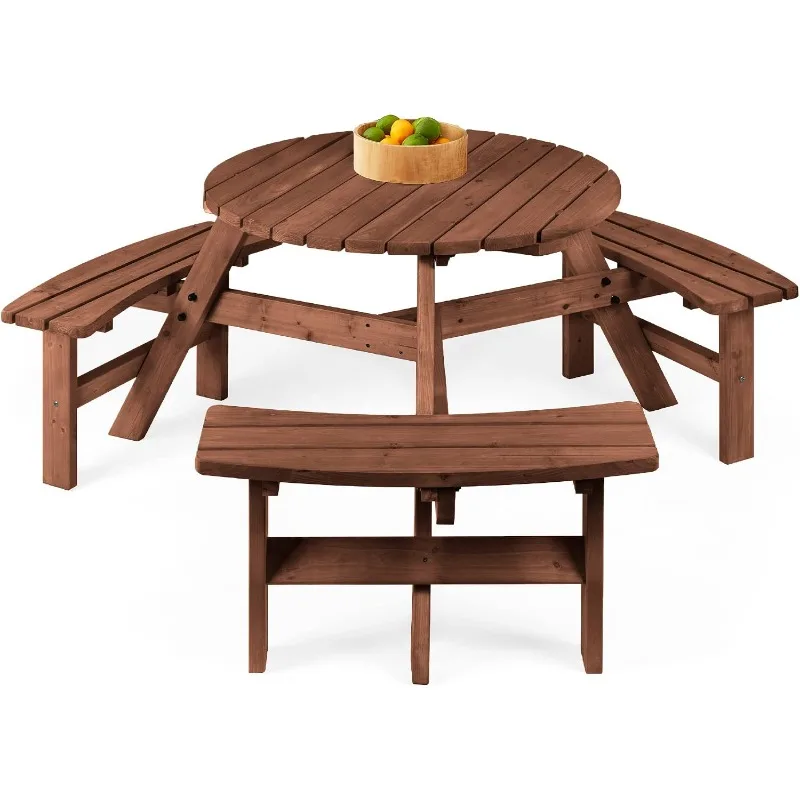 Best Choice Products 6-Person Circular Outdoor Wooden Picnic Table for Patio, Backyard, Garden, DIY w/ 3 Built-in Benches, 500lb