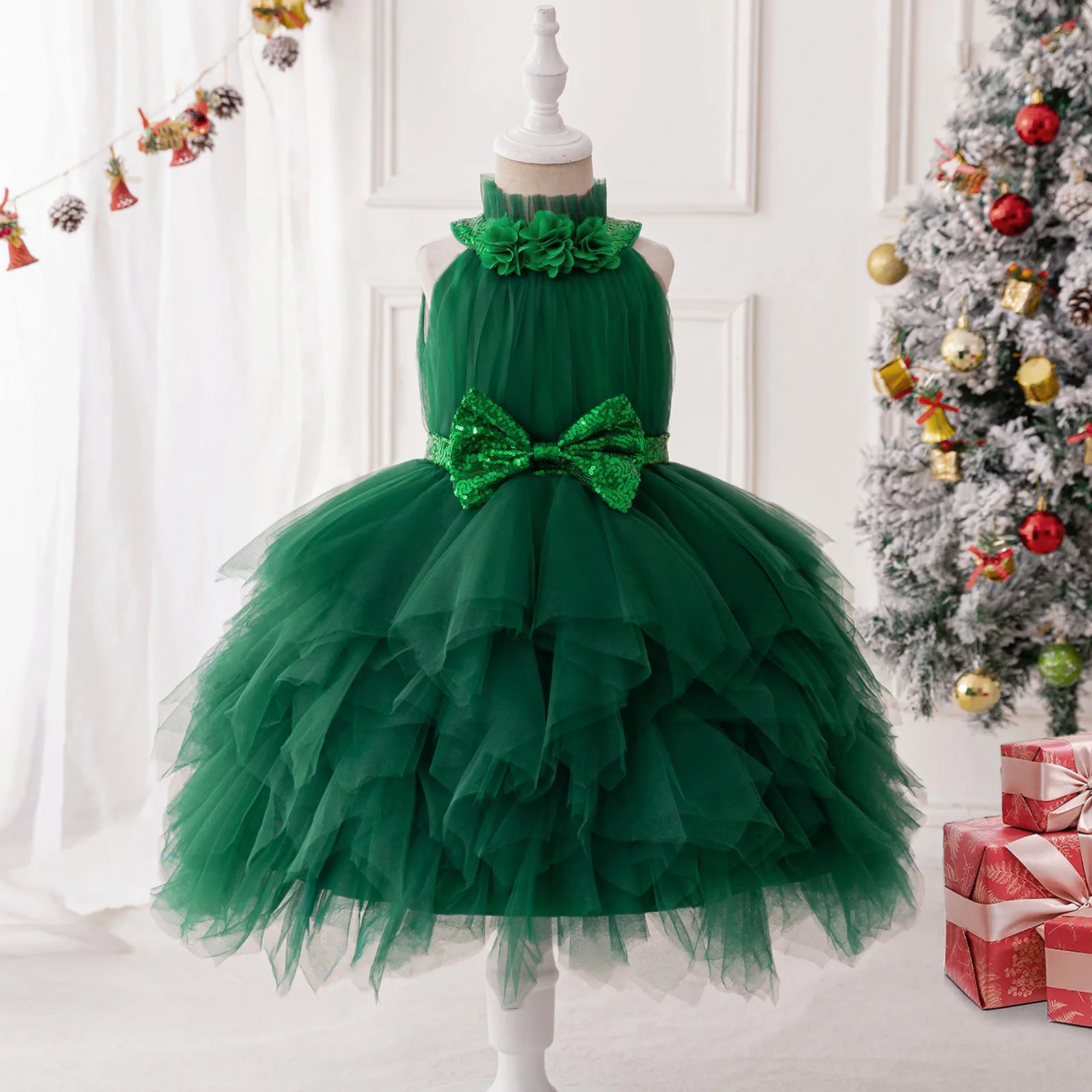 

Green Christmas Princess Dresses For Girls Xmas Tree Costumes Kids New Year Festival Gift Outfit Children Carnival Party Clothes