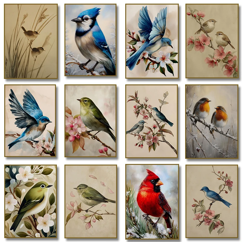 Robin  Sparrow Goldfinch Floral Poster and Print Bird on Branch Canvas Painting Minimalist Wall Art Picture for Room Home Decor