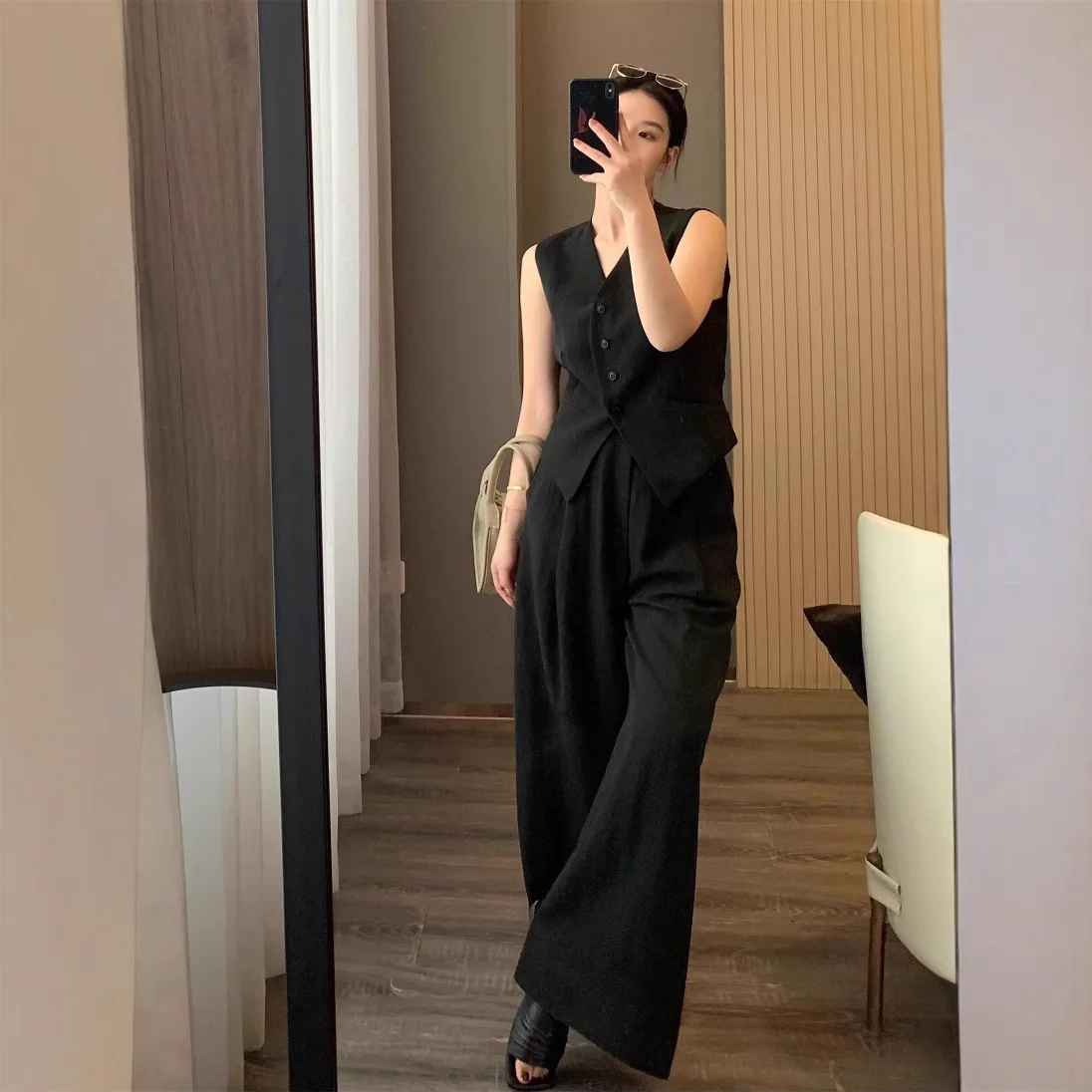 Two Pieces Women Pant Ses Solid Matching Set Sleeveless Vest Elastic Waist Wide Leg Pants Slim Office Lady Casual 2026 Summer 3