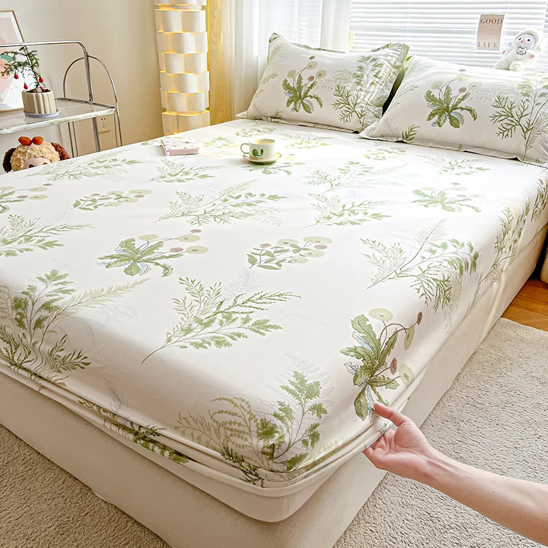 

100% Cotton Fitted Sheet with Pillowcase Elastic Bands Non Slip Adjustable Mattress Cover 120/150/180 for Double King Queen Bed