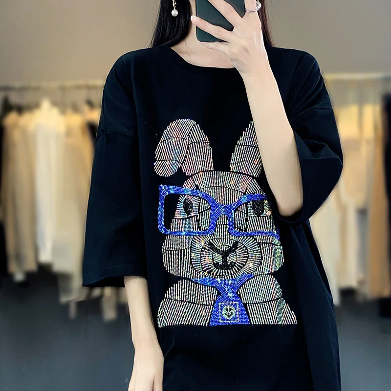 Summer New 100% Cotton Rhinestone T-shirt Women's Loose Short Sleeves To Increase The Long Raglan Jacket