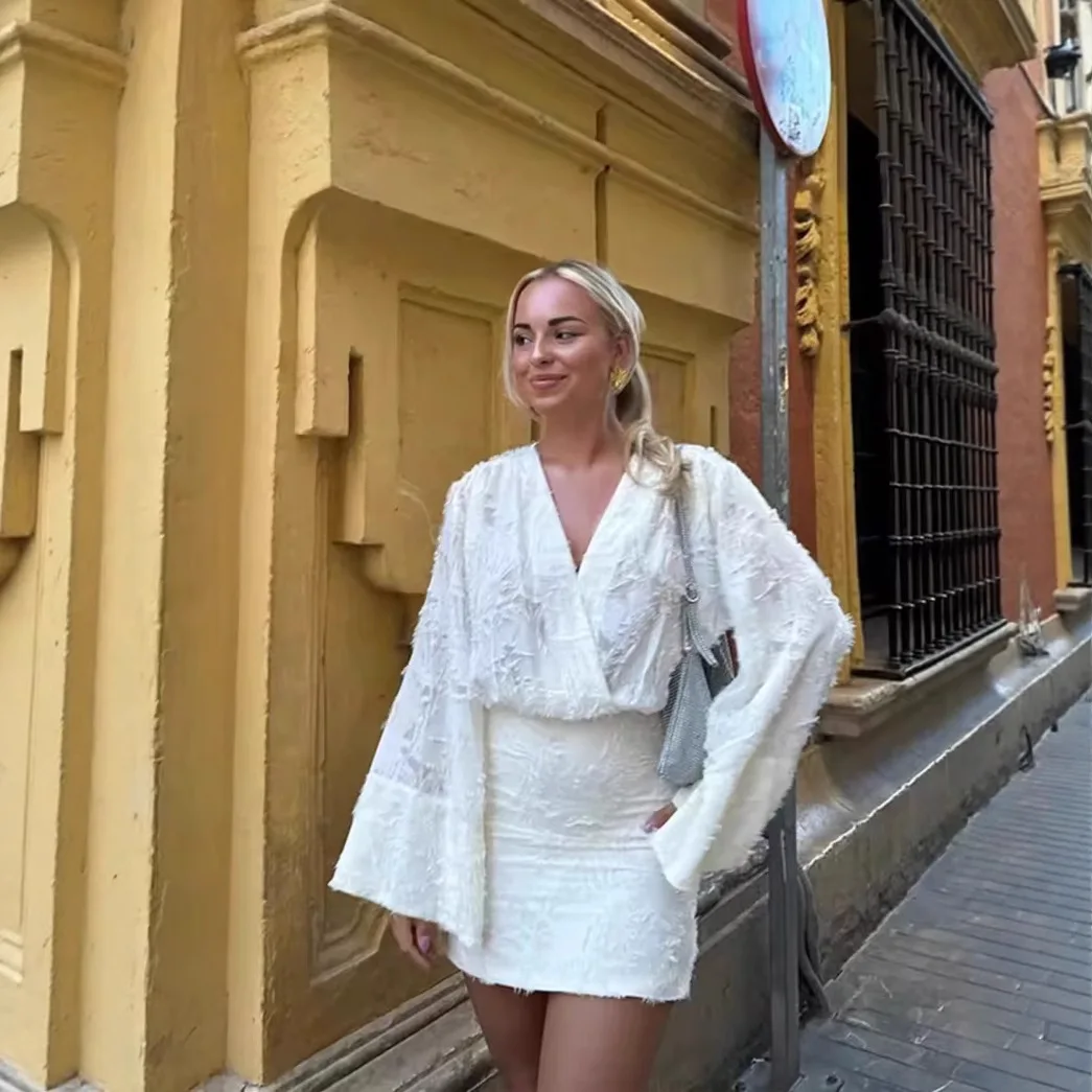 

Elegant Women's 2 Piece Skirts Sets With Frayed Details V-Neck Long Sleeves Shirt Package Hip Mini Skirt Two Piece Set Female