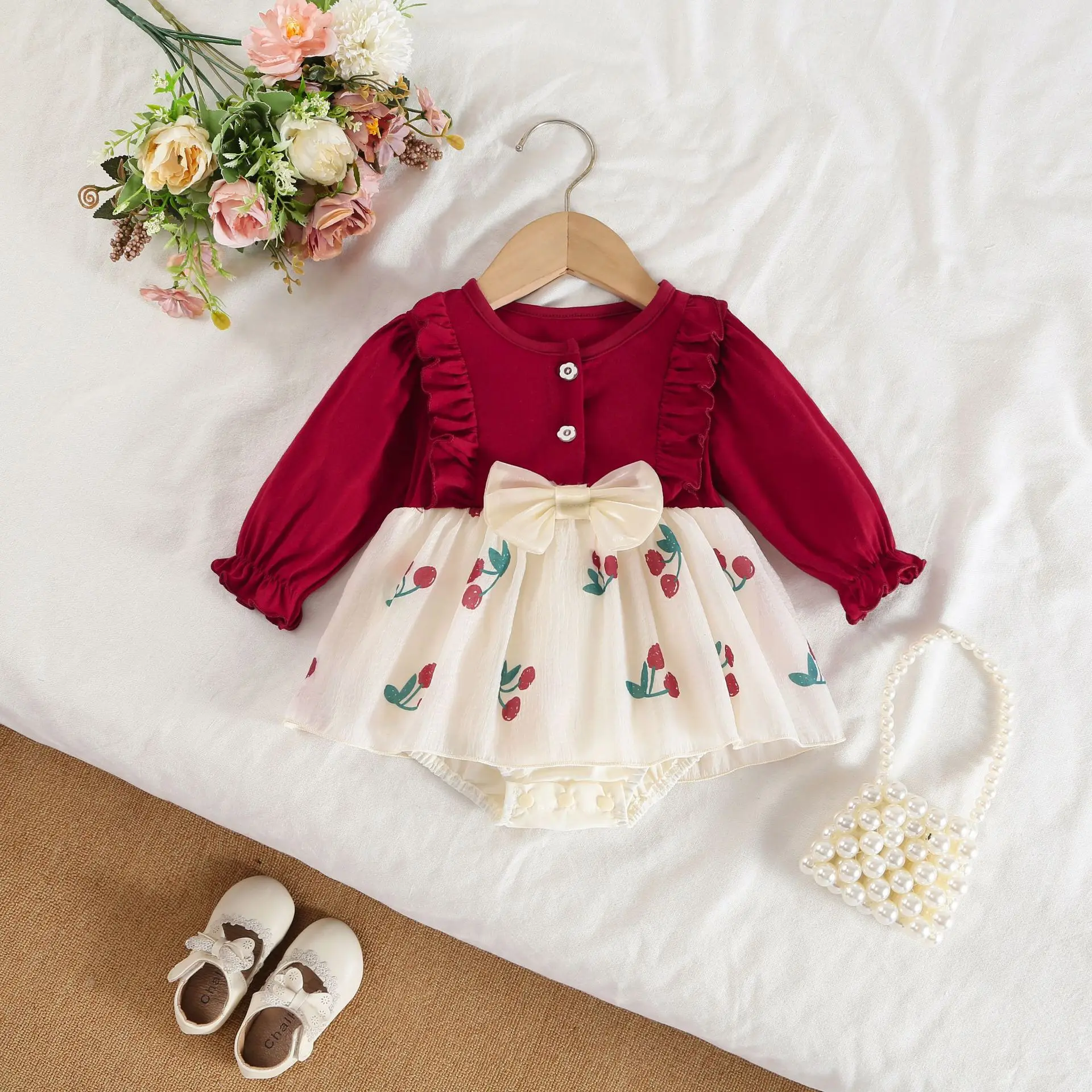 Baby Girl Princess Romper Red Cherry Print Dress + Bow Hair Clip, High-Quality Birthday Photo Shoot Outfit for Infants