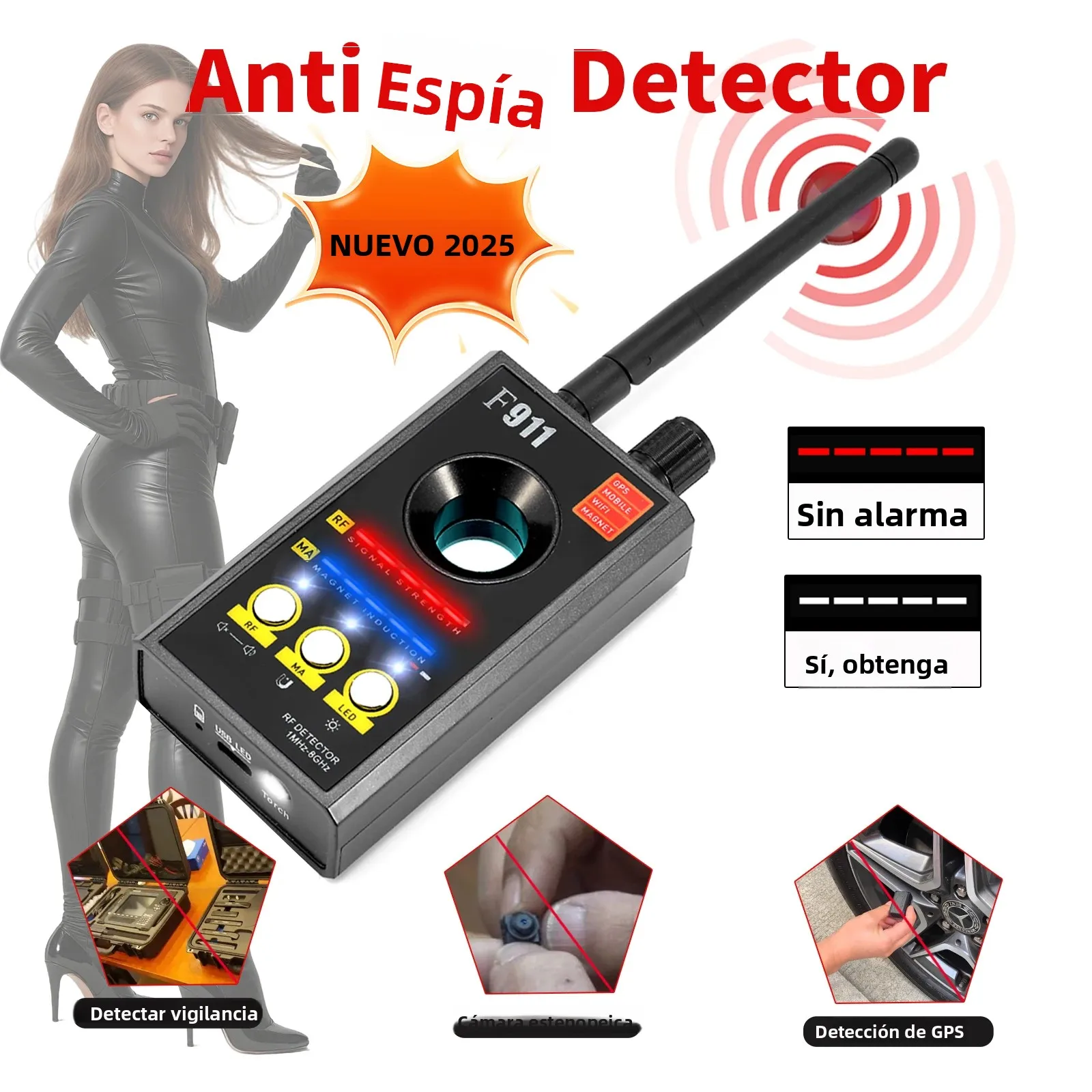 Detectores de cámaras ocultas F911, detector de cámaras, detector espía, detector de insectos y gps, buscador de cámaras de seguridad, escáner infrarrojo