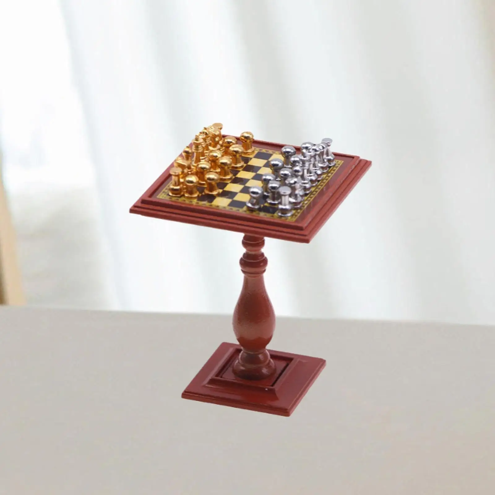 Dollhouse Miniature International Chess Set Wood Mini Chess Table Board Game Model for DIY Enthusiasts Decoration Scene