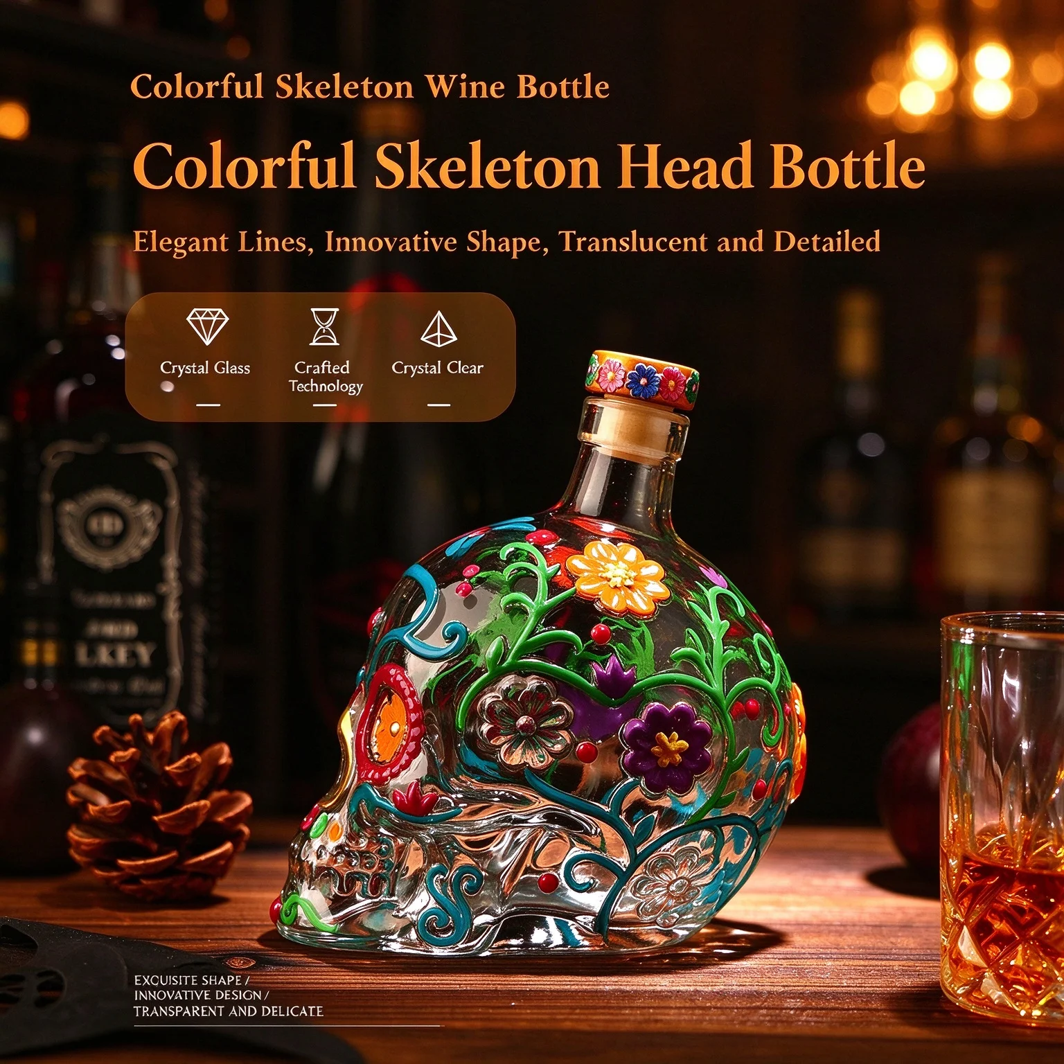 240ml Day of the Dead Skull Whiskey Decanter – Hand-Painted Glass Spirit Bottle, Mexican Folk Art for Bar & Home Decor