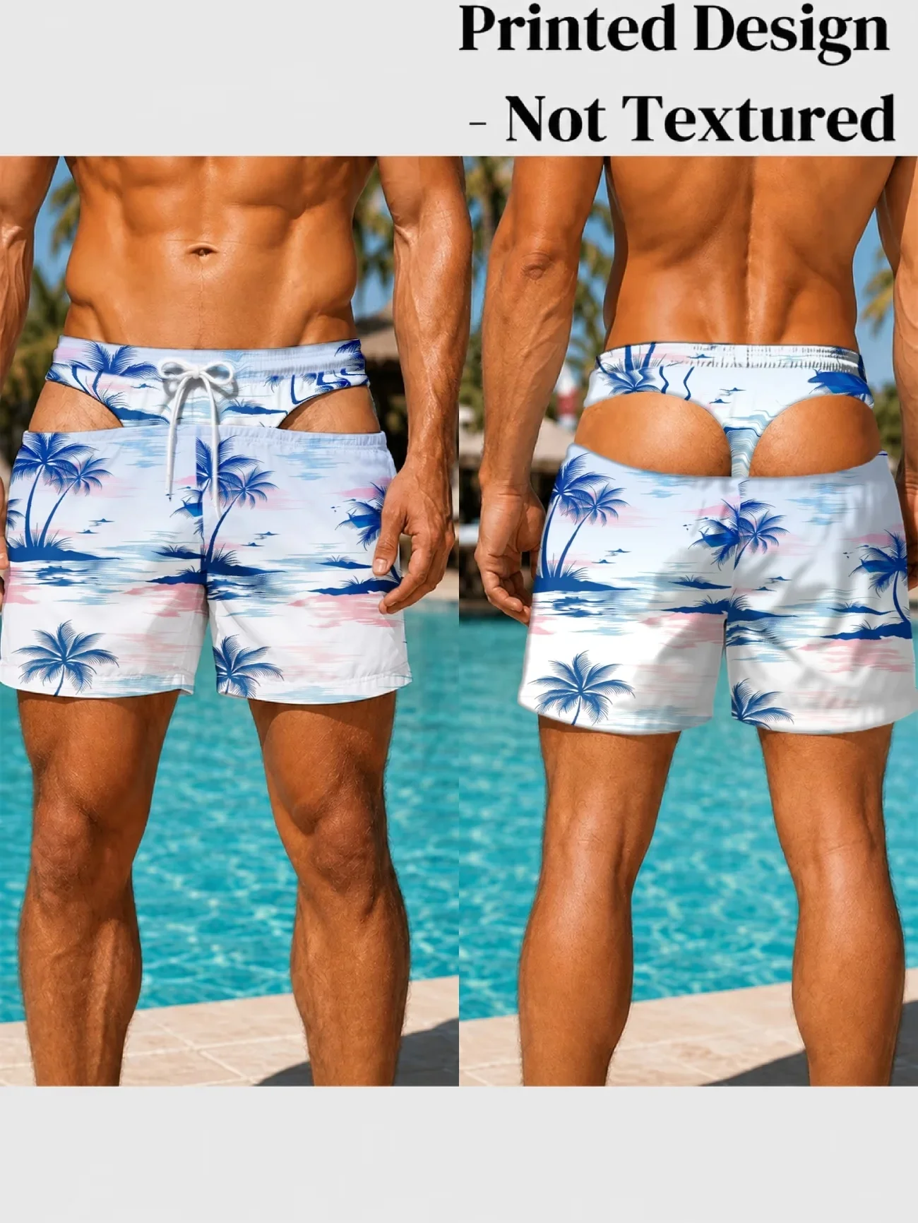 Men Vintage Beach Letter Print Swim Trunks Tiger Stripe Fake Two Piece Open Back Shorts Summer Bachelor Party Board Shorts