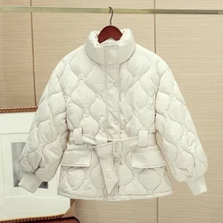 Korean Chic Autumn and Winter French Gentle Standing Collar Wave Embossed Design Tied Waist Long Sleeved Cotton Jacket for Women