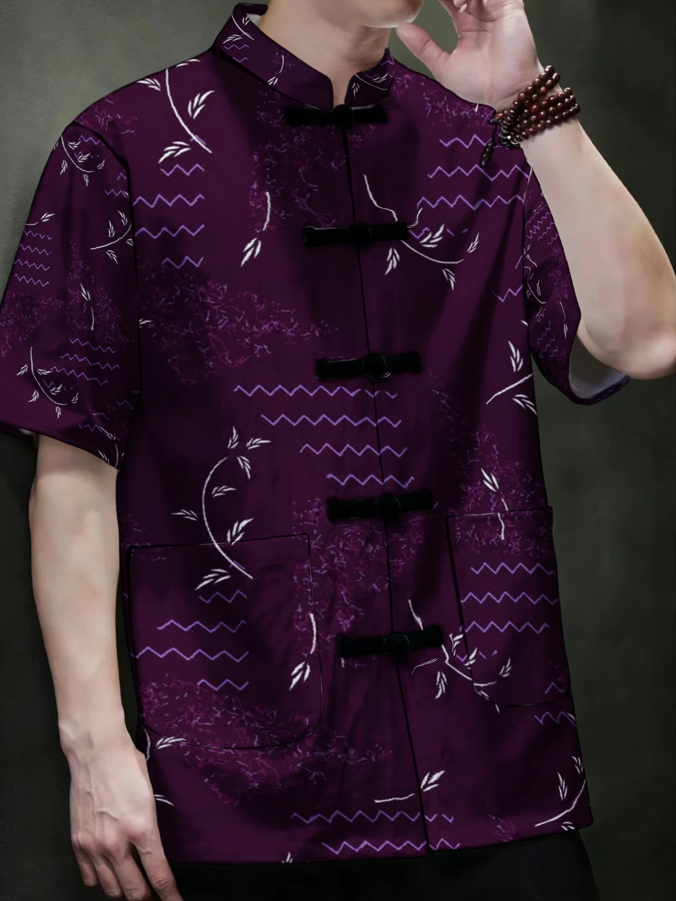 Men Modern Ethnic Tang Shirt Abstract Plant Geometric Mixed Print Mandarin Collar Frog Button Street Casual Garment